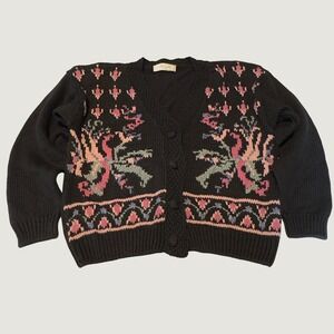 Margules Cardigan Black Floral Intarsia Knit Vintage Large Cottagecore Sweater
